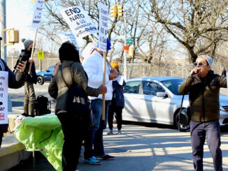 Members of the Bronx Green Party joined the Bronx Anti-War Coalition on March 20 to protest against U.S. Rep. Alexandria Ocasio-Cortes and New York State Assemblyman Adrian Espaillat hosting a "services" fair that prominently featured U.S. military service branches at the Renaissance High School for Musical Theater and the Arts in the Bronx, NY / credit: Bronx Green Party / Twitter